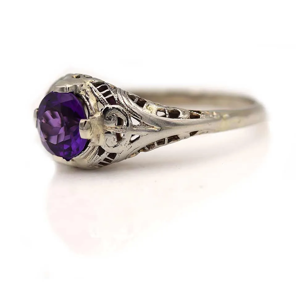 Art Deco 1.10 CTW Round Cut Amethyst 14K Karat White Gold Antique Engagement Ring