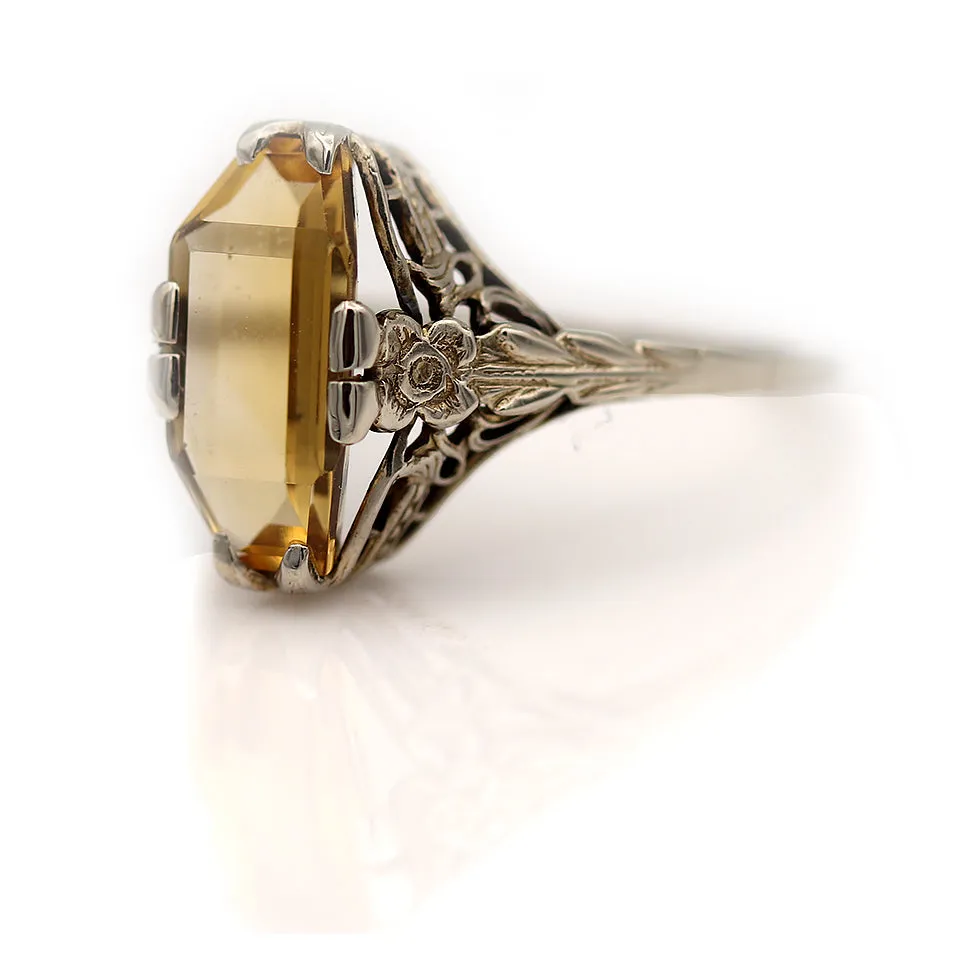 Art Deco 1.50 CT Rectangular Cut Citrine Engagement Ring Circa 1930s