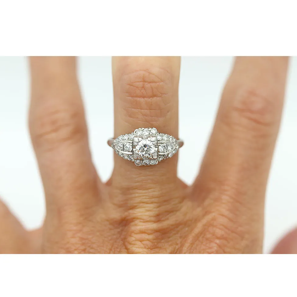 Art Deco .91 CTW Old European Cut Diamond Platinum Antique Engagement Ring