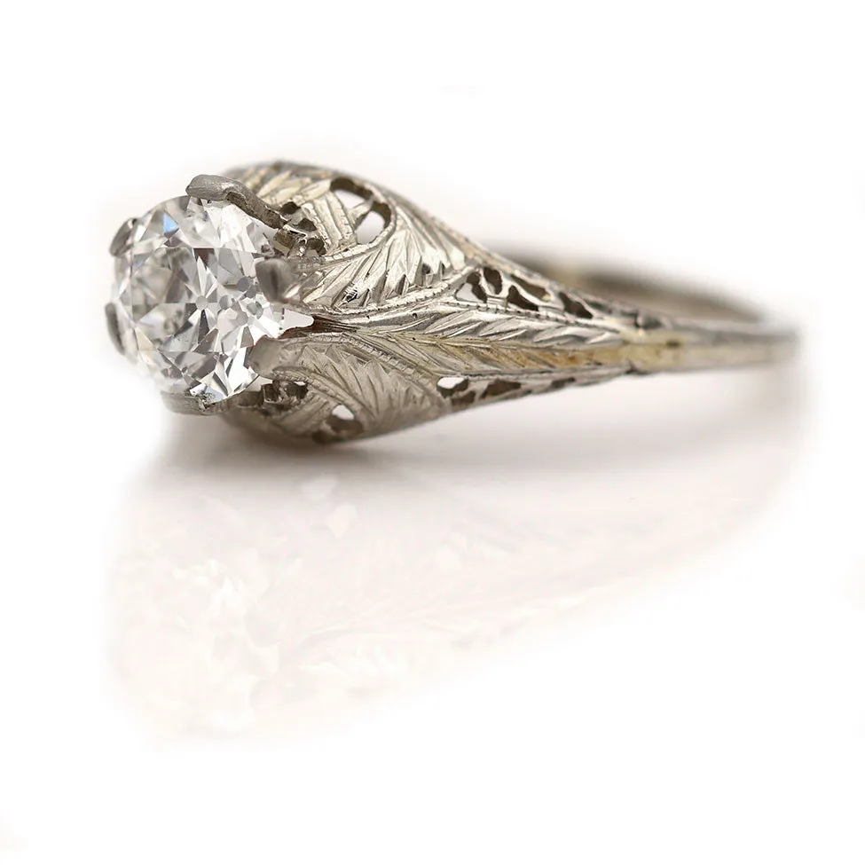 Art Deco .92 CTW Euro Cut Diamond Antique Engagement Ring GIA I/VS1