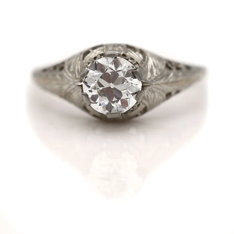 Art Deco .92 CTW Euro Cut Diamond Antique Engagement Ring GIA I/VS1