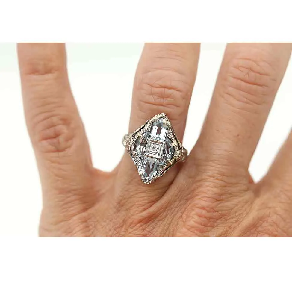 Art Deco Bullet Shape & Shield Cut Aquamarine Engagement Ring