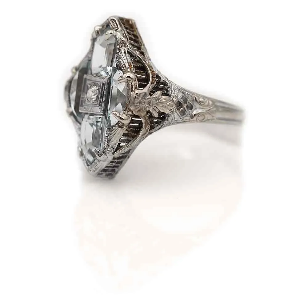 Art Deco Bullet Shape & Shield Cut Aquamarine Engagement Ring