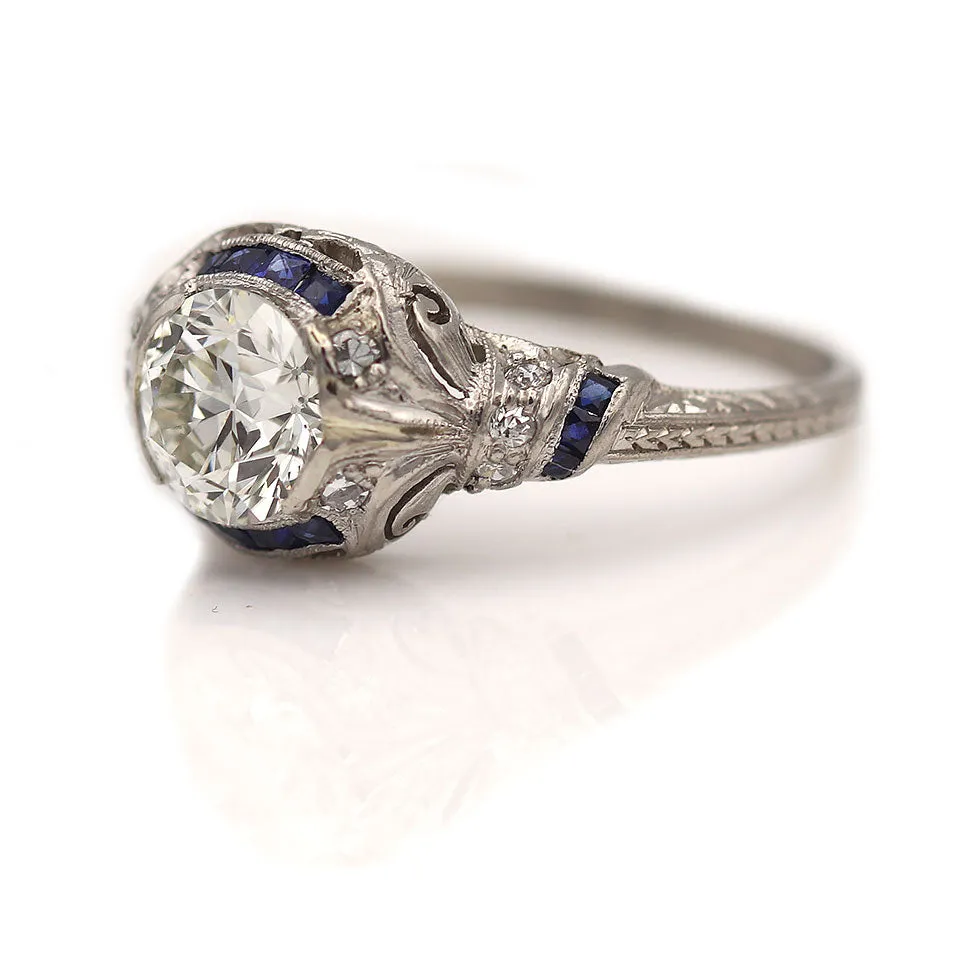 Art Deco Old European Cut Diamond and Sapphire Engagement Ring .97 Ct GIA J/VS1