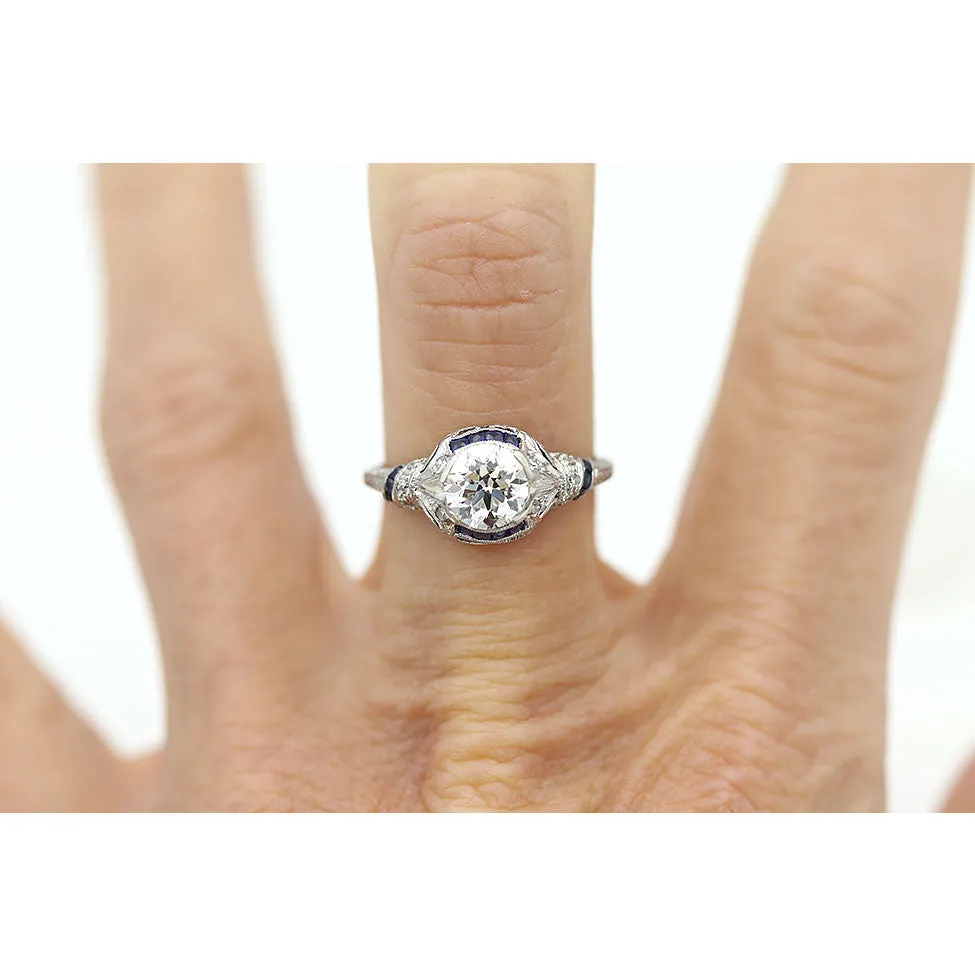 Art Deco Old European Cut Diamond and Sapphire Engagement Ring .97 Ct GIA J/VS1