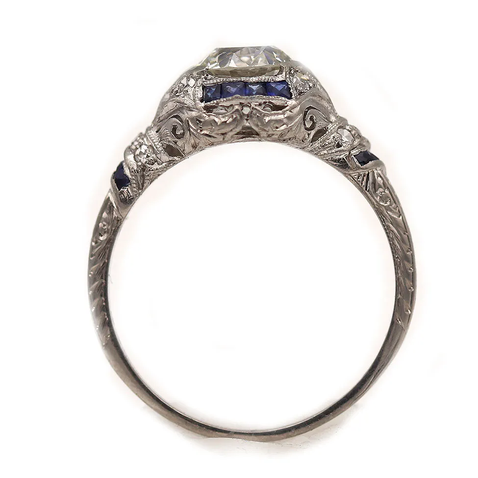Art Deco Old European Cut Diamond and Sapphire Engagement Ring .97 Ct GIA J/VS1