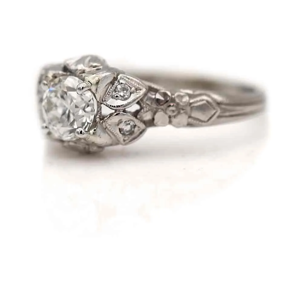Art Deco Old European Cut Diamond Engagement Ring GIA .52 Ct H/VS1