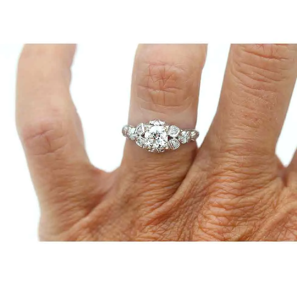 Art Deco Old European Cut Diamond Engagement Ring GIA .52 Ct H/VS1