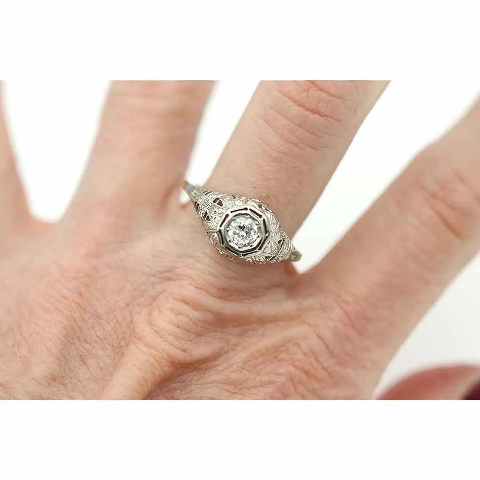 Art Deco Old European Cut Diamond Filigree Solitaire Engagement Ring