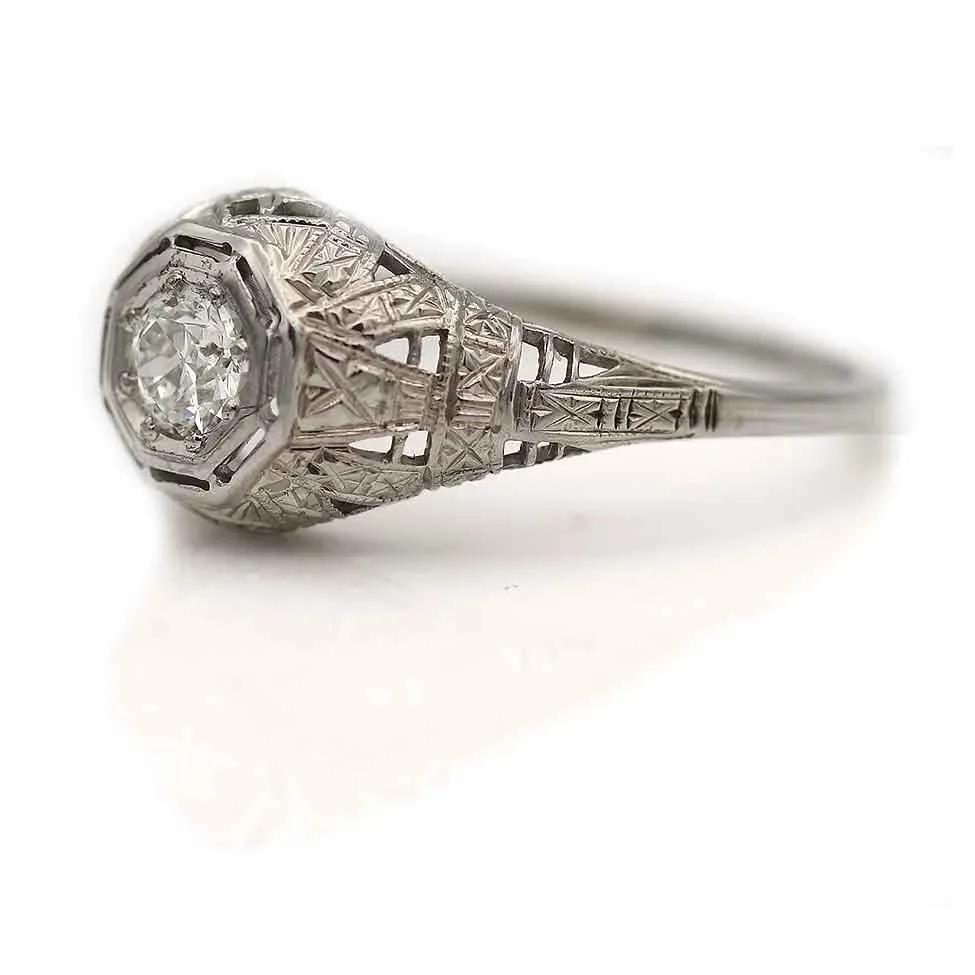 Art Deco Old European Cut Diamond Filigree Solitaire Engagement Ring