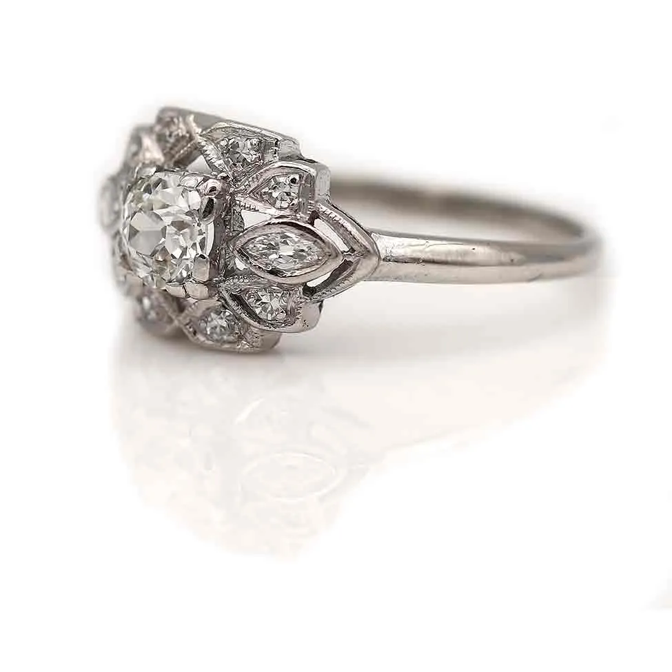 Art Deco Old Mine Cut Diamond Halo Engagement Ring with Navette Side Stones