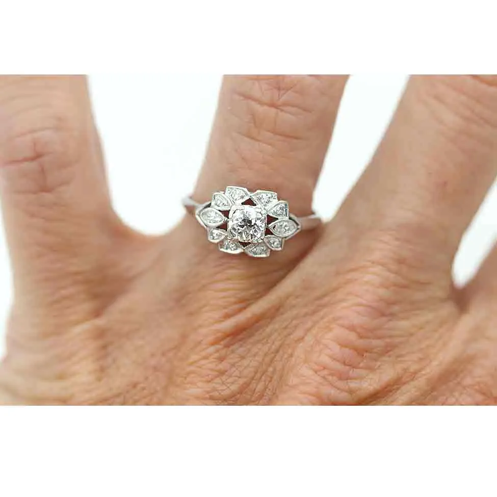 Art Deco Old Mine Cut Diamond Halo Engagement Ring with Navette Side Stones