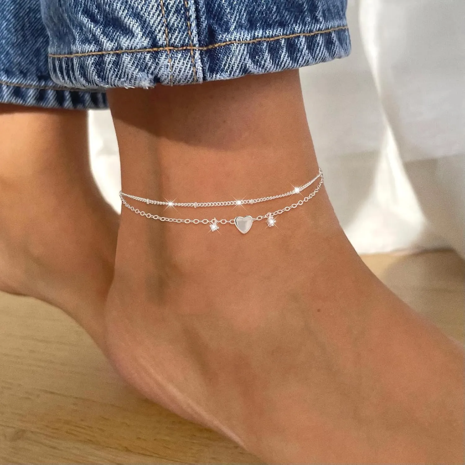 ASCOMY Anklets for Women 14K Gold/Silver Ankle Bracelets Dainty Cute Star Cubic Zirconia Devil's Eye Infinity Charm Pearl Satellite Sparkling Chain Summer Beach Foot Bracelet Jewelry Gifts for Her