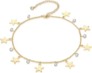 Bemoly Gold Anklet 14K Gold Plated Boho Beach Simple Dainty Charm Cute Tiny Lucky Star Turquoise Eye Zircon Handmade Foot Jewelry for Women