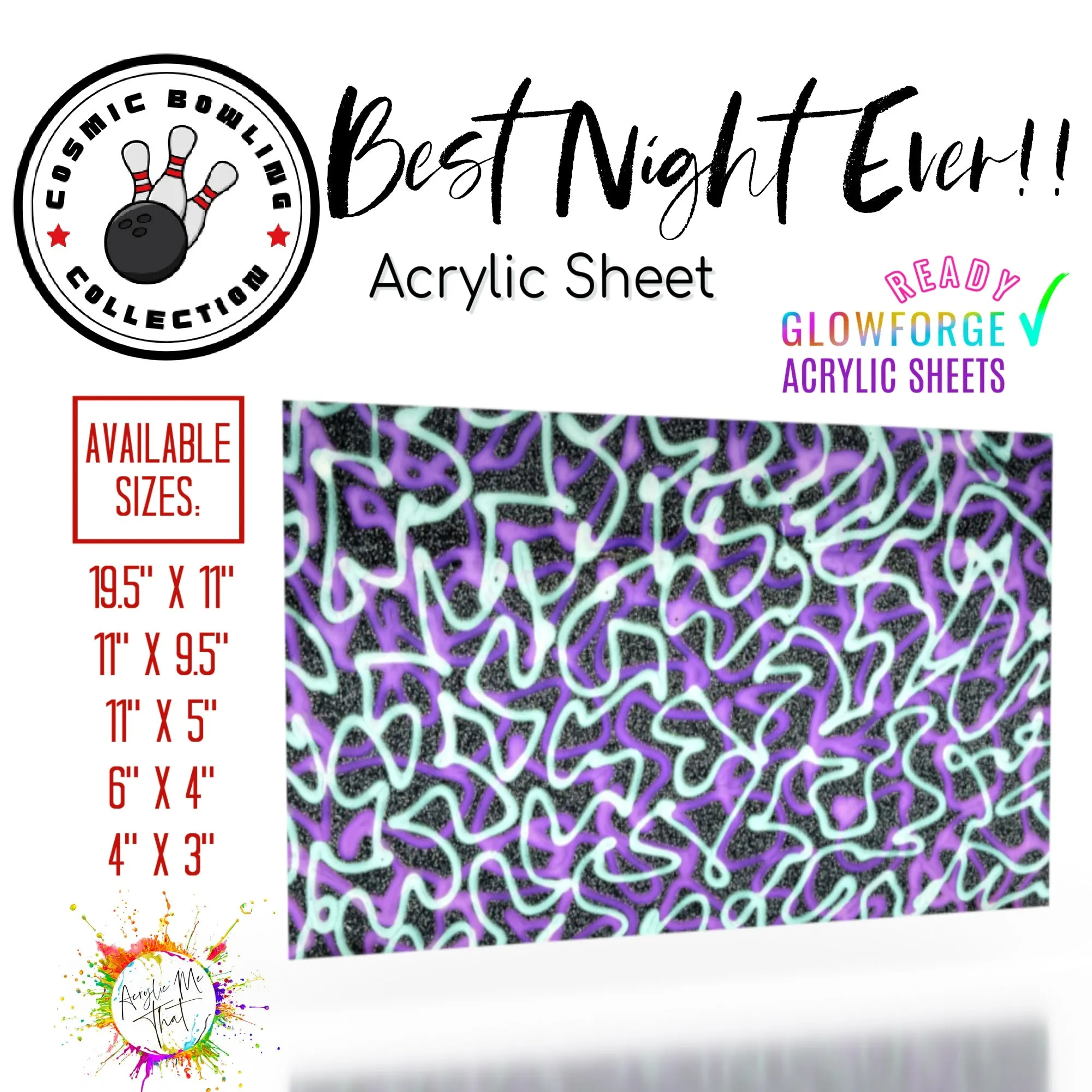 Best Night Ever Glitter Pattern Cast Acrylic Sheet - 1/8 in - Black, Sliver, Green, Purple, Neon, Gloss