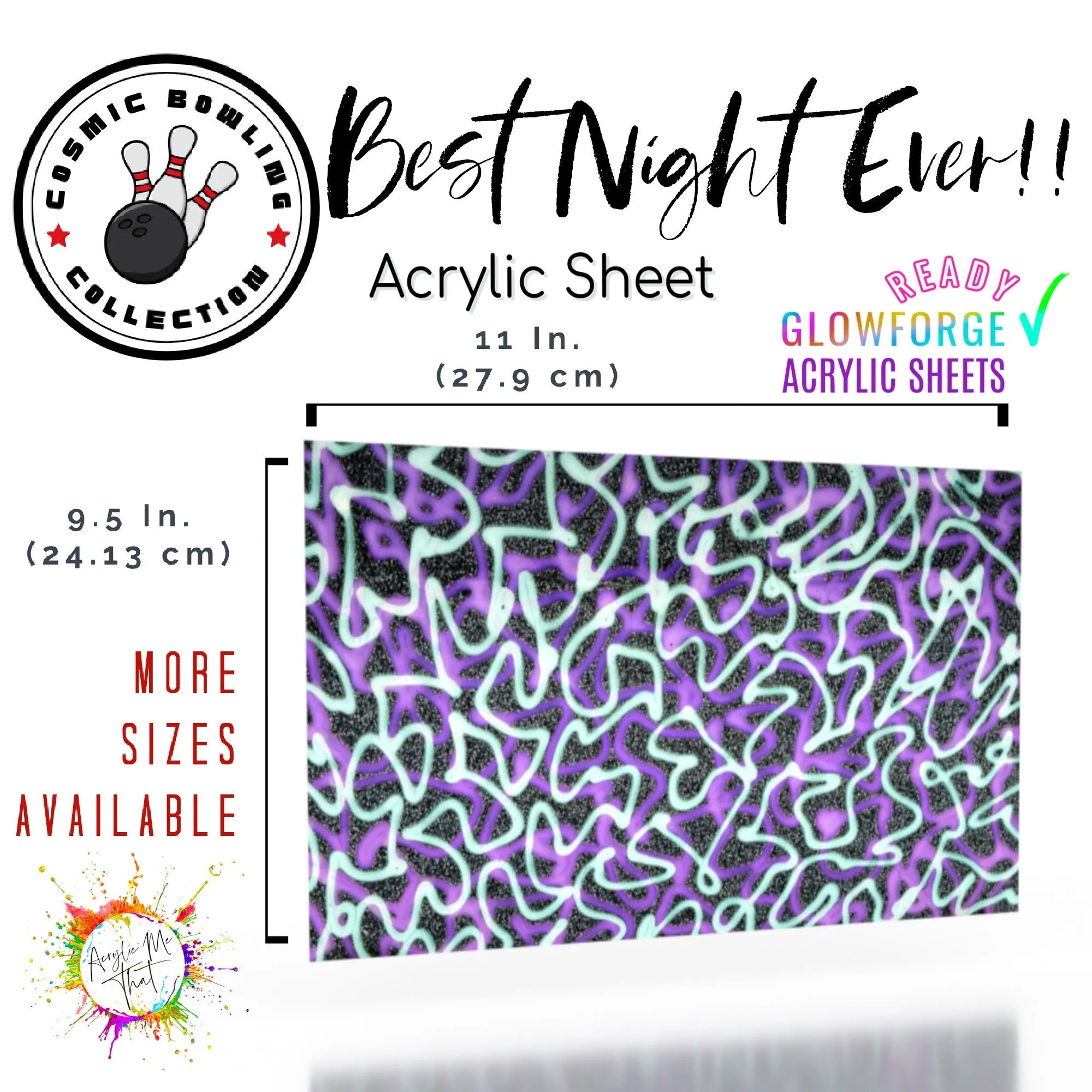 Best Night Ever Glitter Pattern Cast Acrylic Sheet - 1/8 in - Black, Sliver, Green, Purple, Neon, Gloss