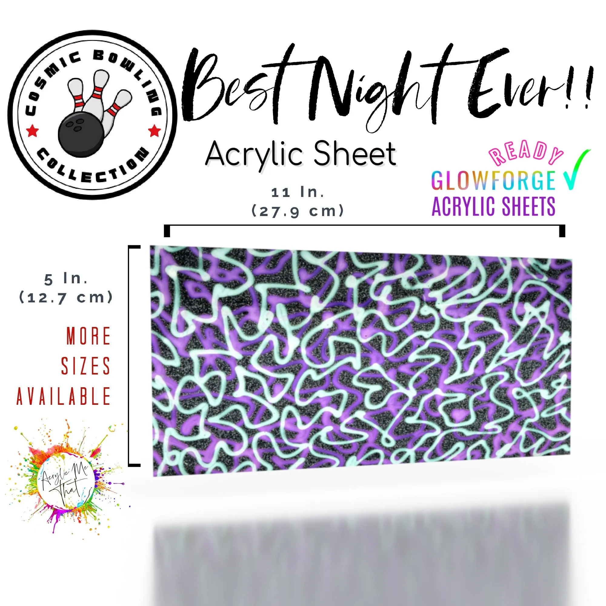 Best Night Ever Glitter Pattern Cast Acrylic Sheet - 1/8 in - Black, Sliver, Green, Purple, Neon, Gloss