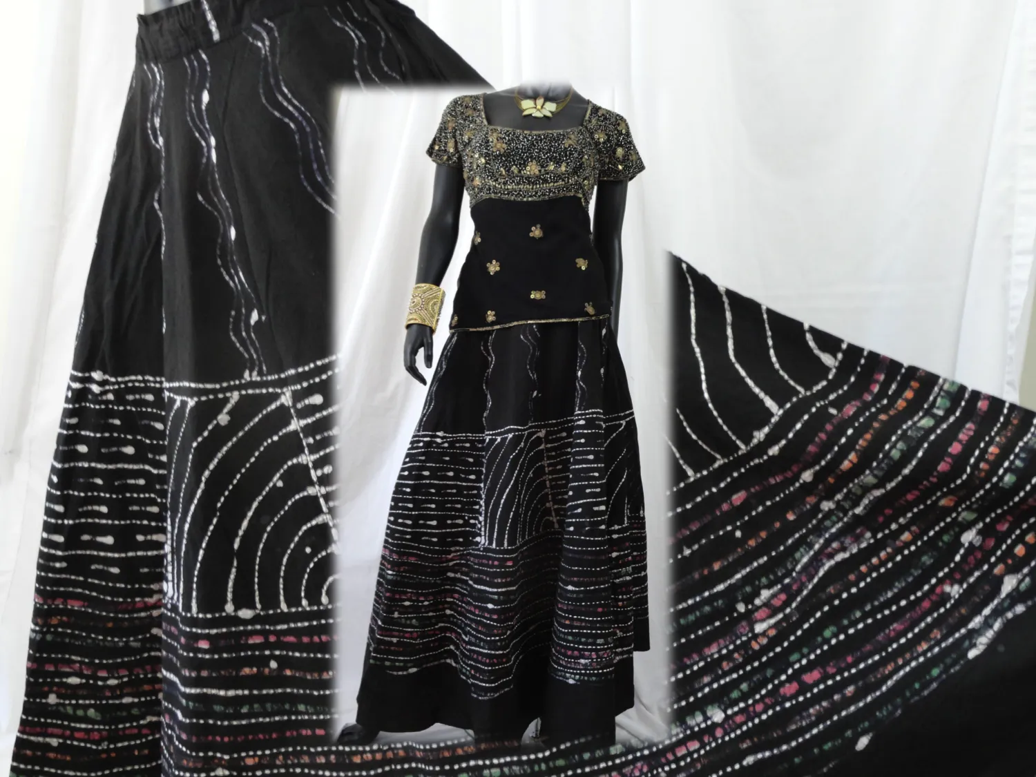 Black, hand painted skirt from India. Indian, cotton, long and wavy, dance, party skirt. From Artikrti