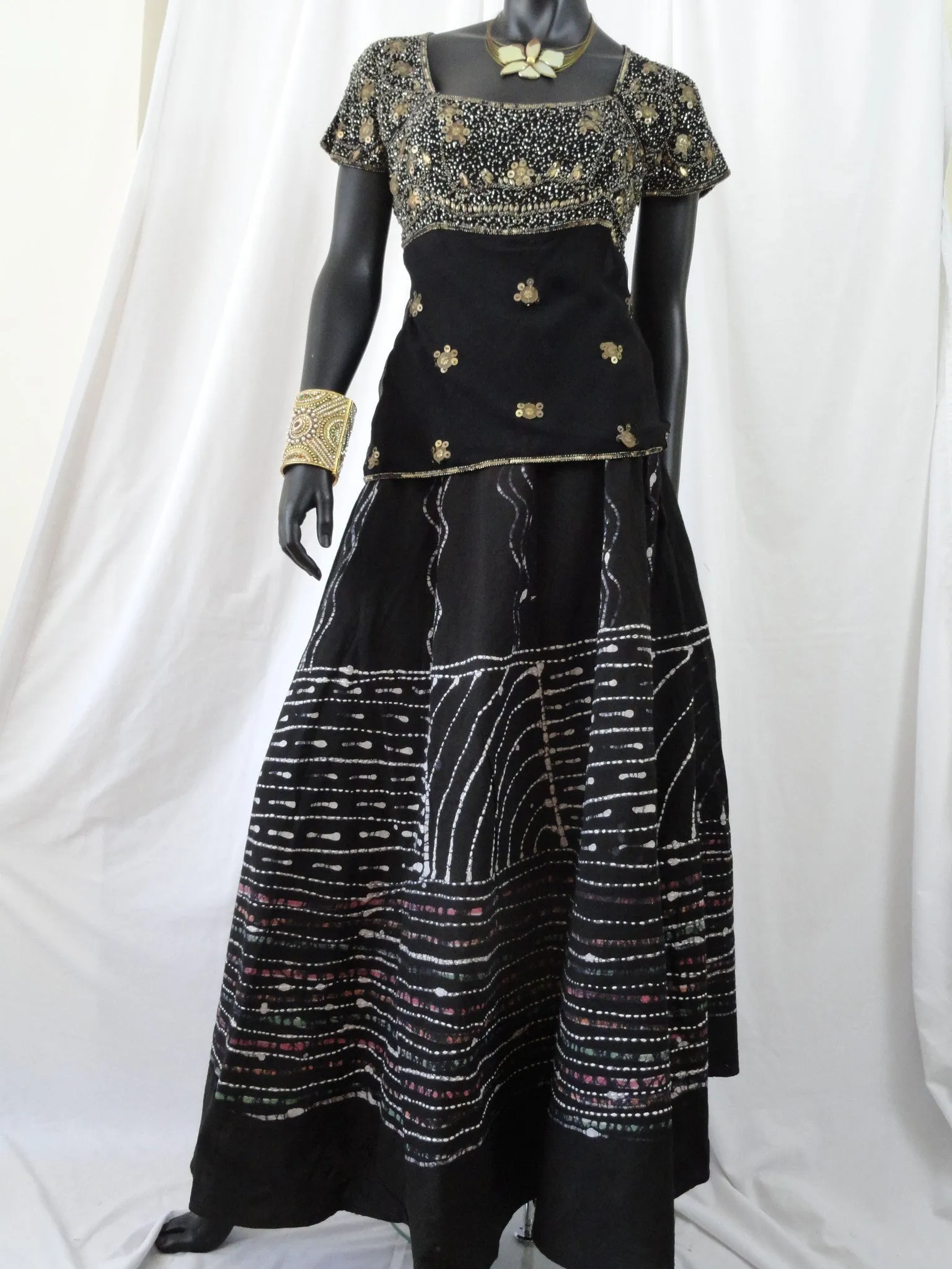 Black, hand painted skirt from India. Indian, cotton, long and wavy, dance, party skirt. From Artikrti