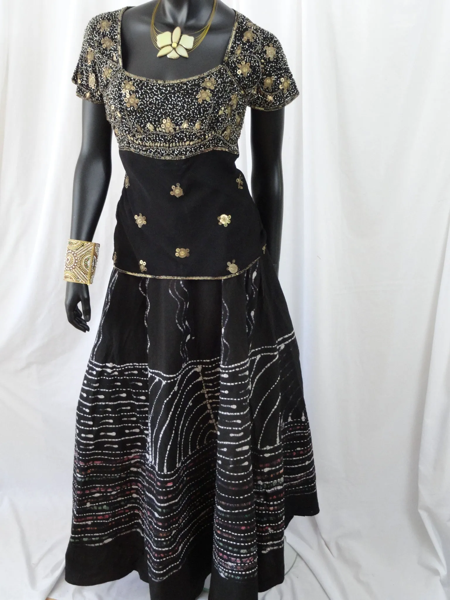Black, hand painted skirt from India. Indian, cotton, long and wavy, dance, party skirt. From Artikrti