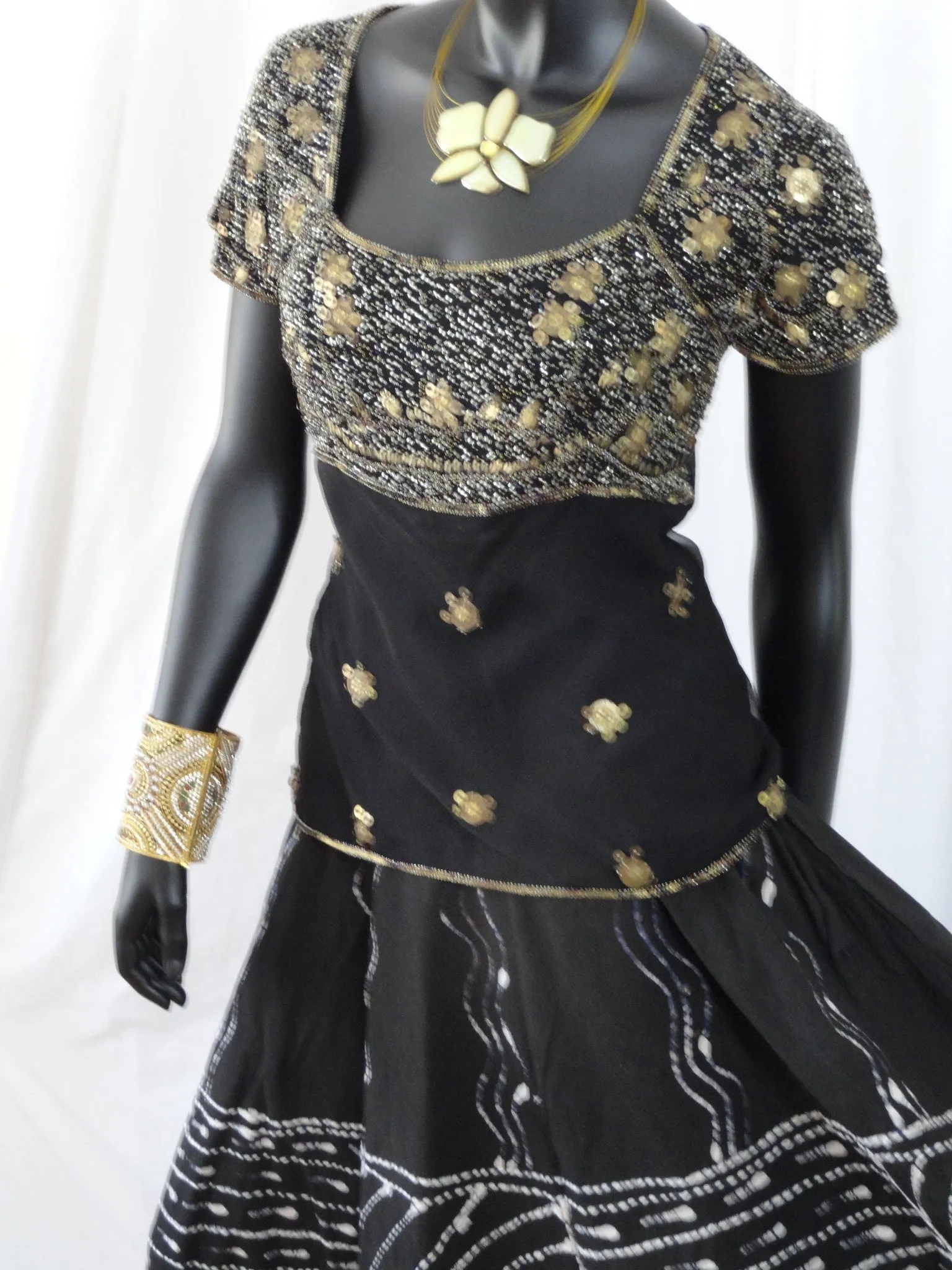Black, hand painted skirt from India. Indian, cotton, long and wavy, dance, party skirt. From Artikrti