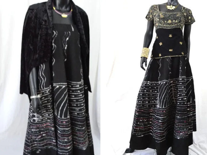 Black, hand painted skirt from India. Indian, cotton, long and wavy, dance, party skirt. From Artikrti