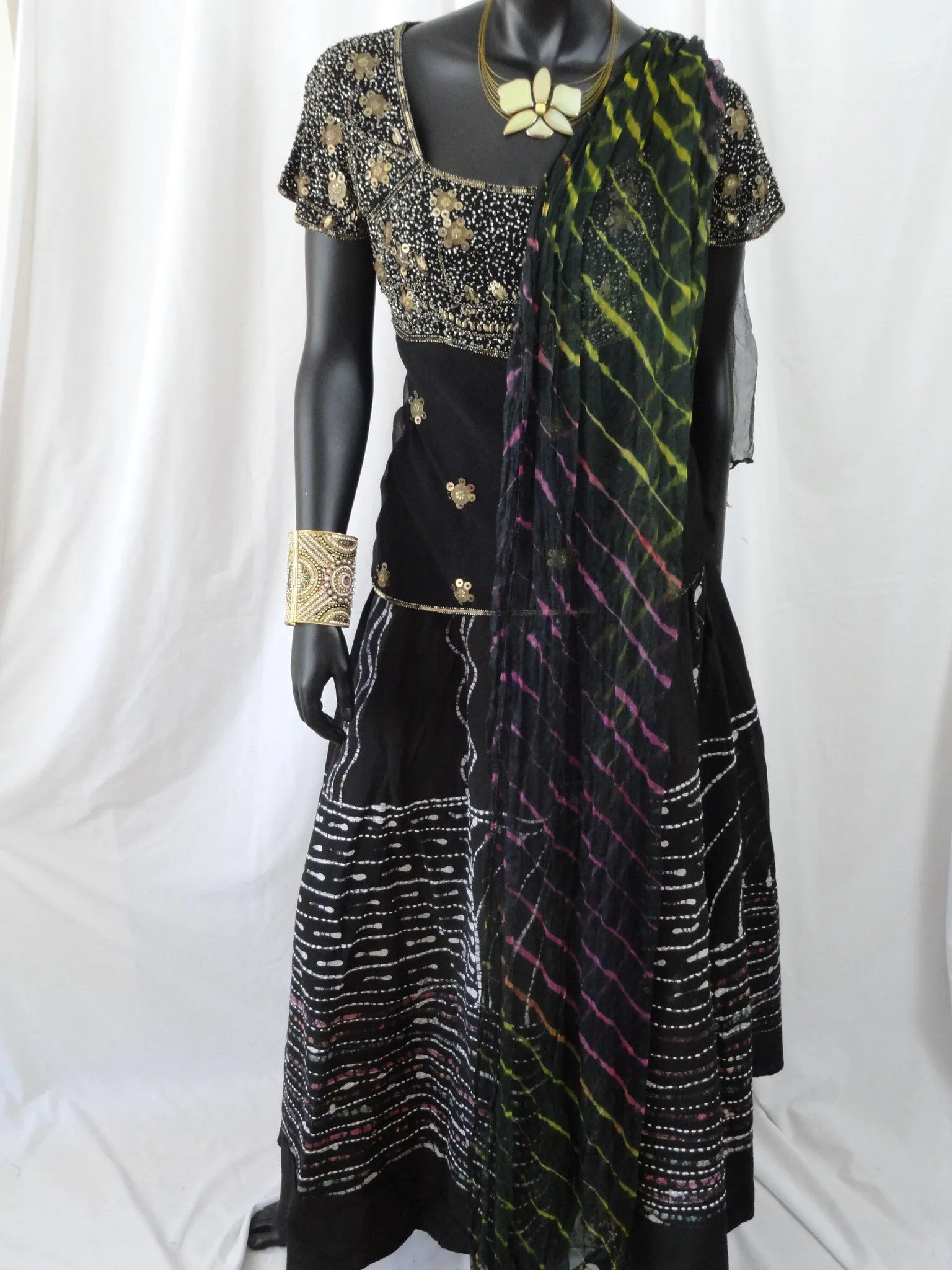 Black, hand painted skirt from India. Indian, cotton, long and wavy, dance, party skirt. From Artikrti