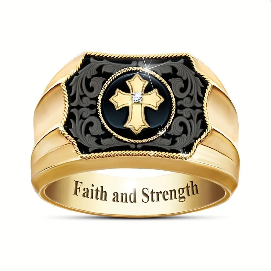 Black Onyx Carved Faith Strength Jesus Bible Cross Religious Ring