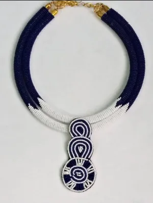 Blue And White Double-Row Fine Bead Choker