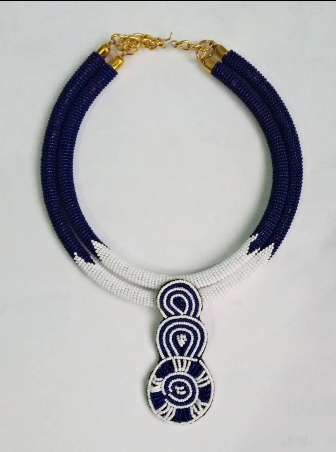 Blue And White Double-Row Fine Bead Choker