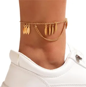 Boho Leaf Sequins Anklet Gold Ankle Single Layer Anklet Bracelets Summer Anklets Punk Ball Foot Chain Beach Foot Accessories Tassel Foot Ornament Jewelry for Women Gifts