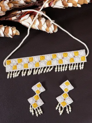 Bridesmaid's Dazzle: Juane Yellow-White Handmade Beaded Choker & Earring Set