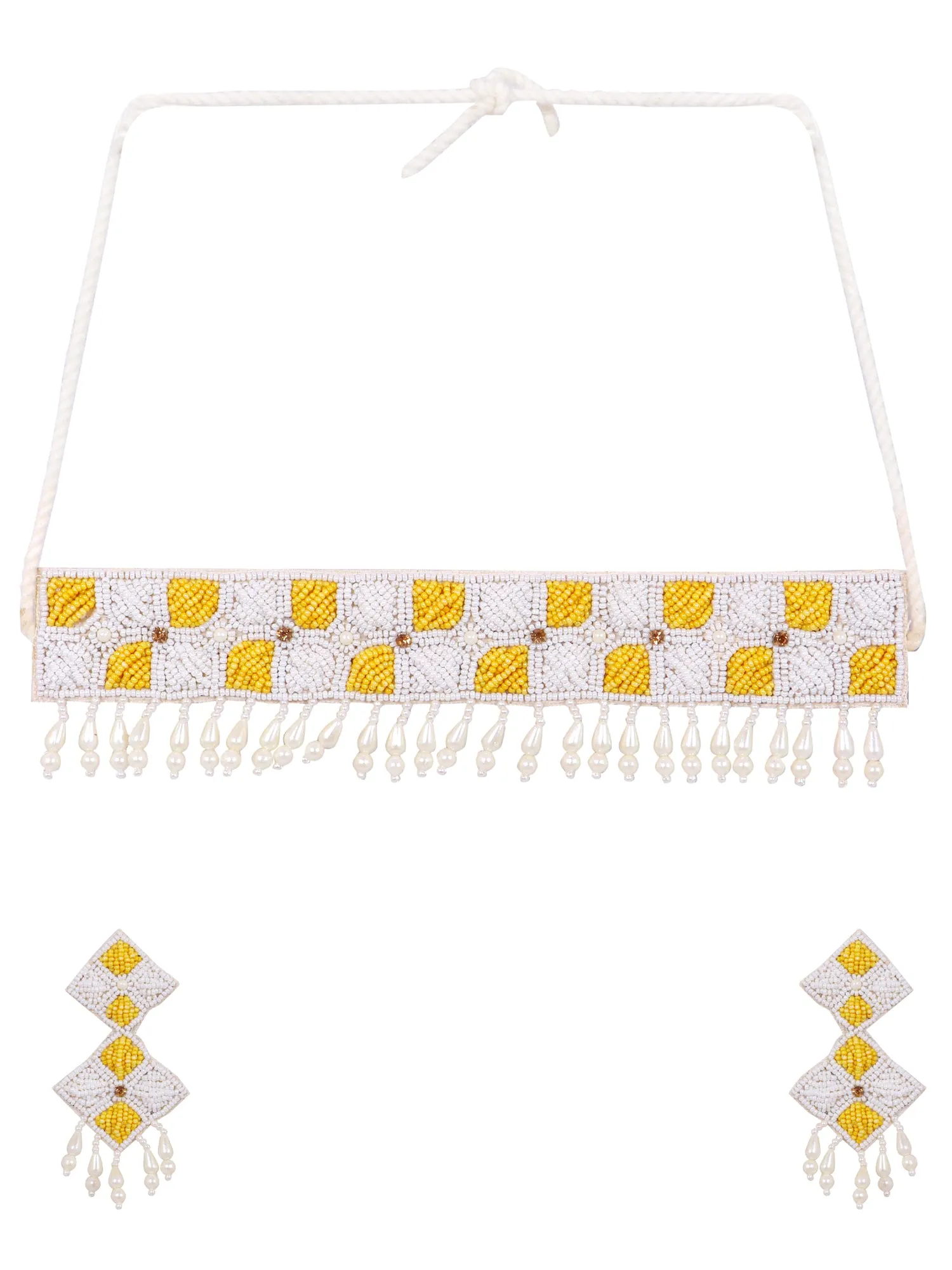 Bridesmaid's Dazzle: Juane Yellow-White Handmade Beaded Choker & Earring Set