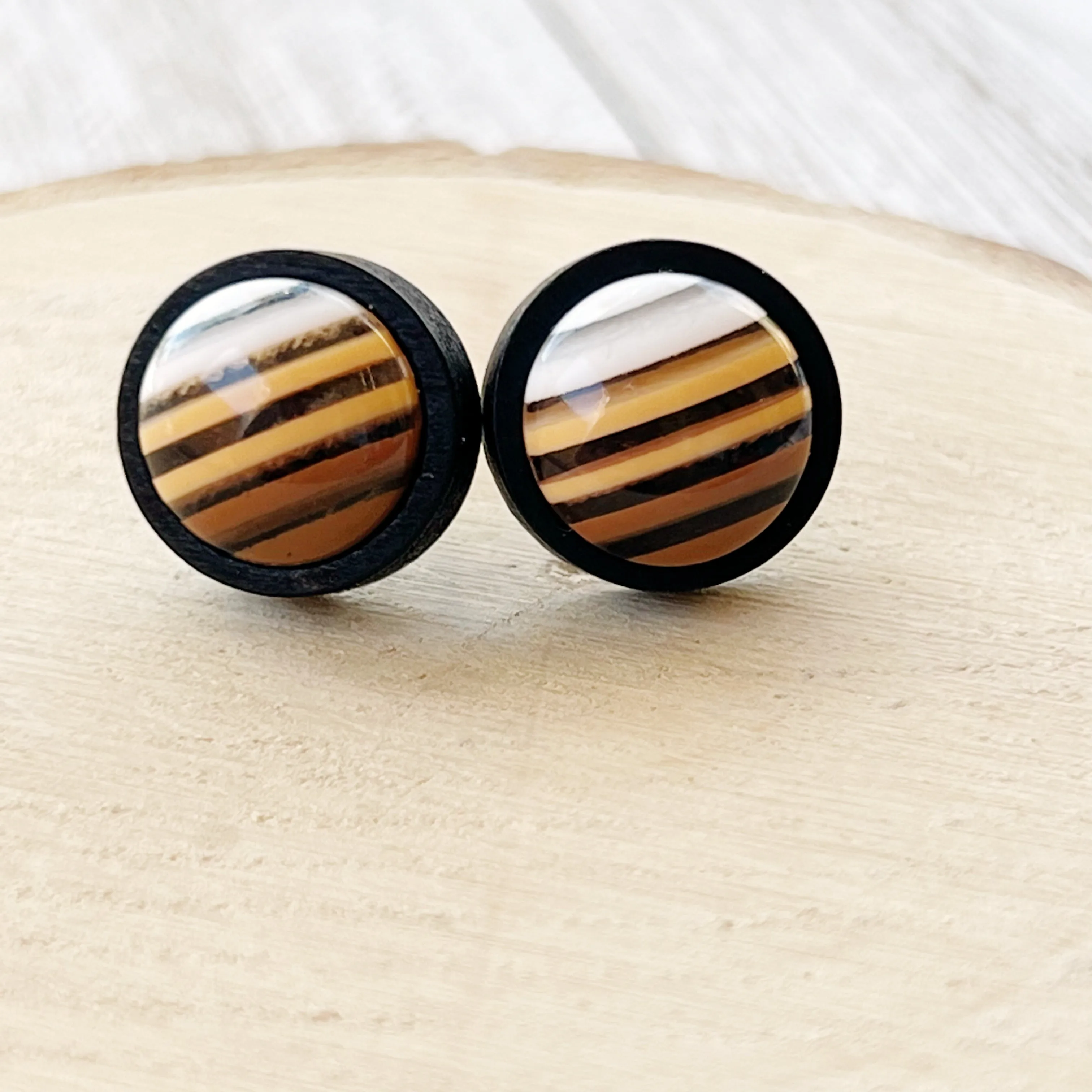 Brown & White Striped Black Wood Earrings - Chic & Contemporary Accessories