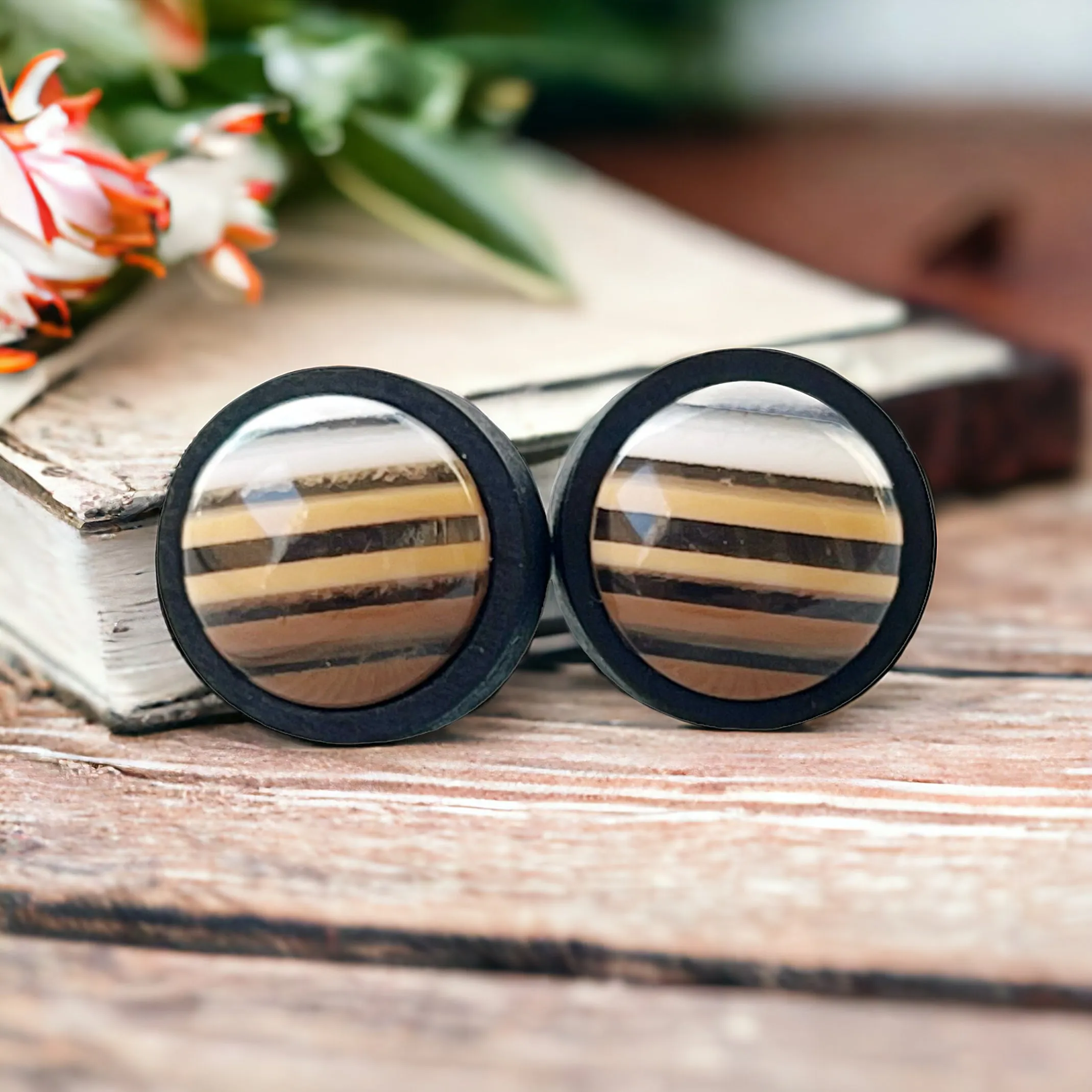 Brown & White Striped Black Wood Earrings - Chic & Contemporary Accessories