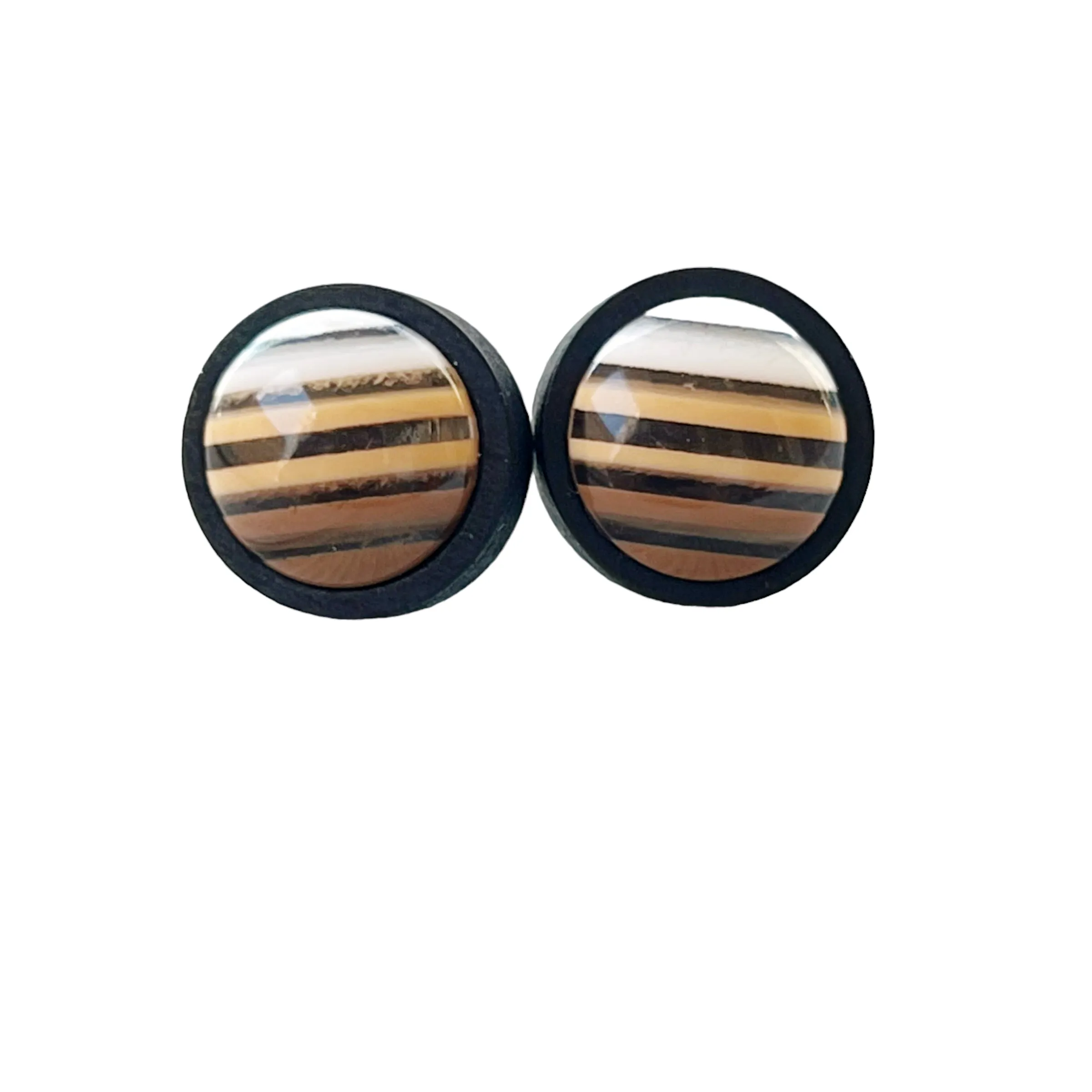 Brown & White Striped Black Wood Earrings - Chic & Contemporary Accessories