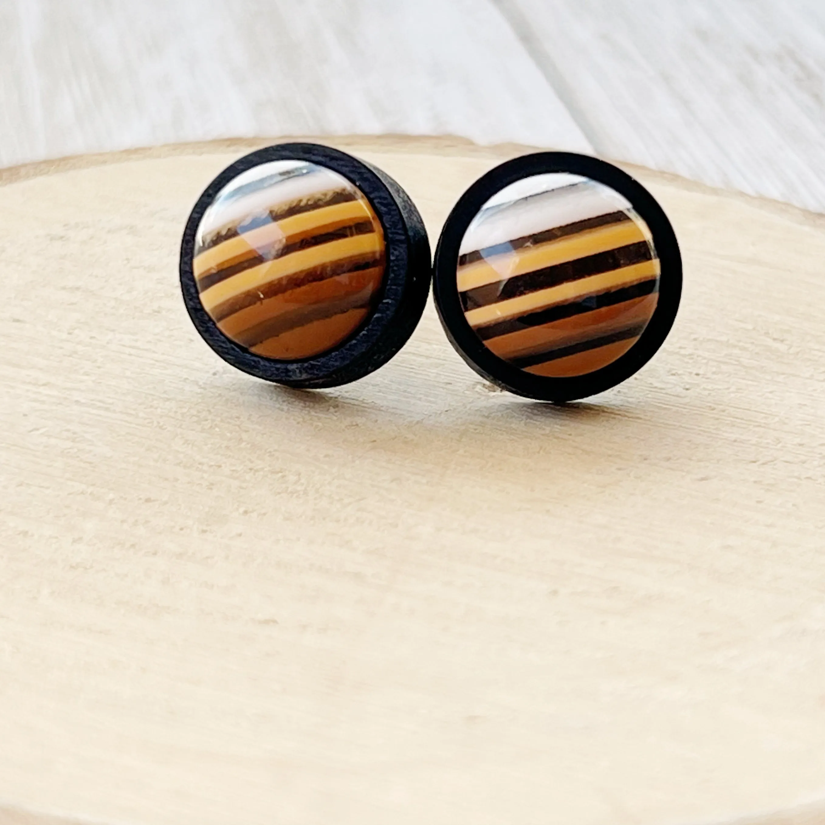 Brown & White Striped Black Wood Earrings - Chic & Contemporary Accessories