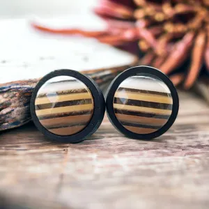 Brown & White Striped Black Wood Earrings - Chic & Contemporary Accessories