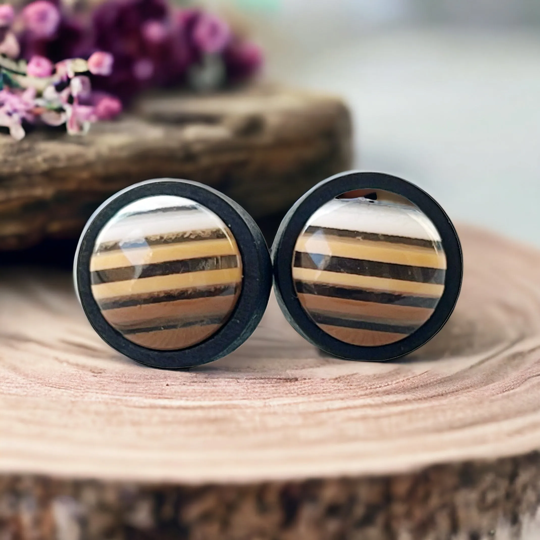 Brown & White Striped Black Wood Earrings - Chic & Contemporary Accessories