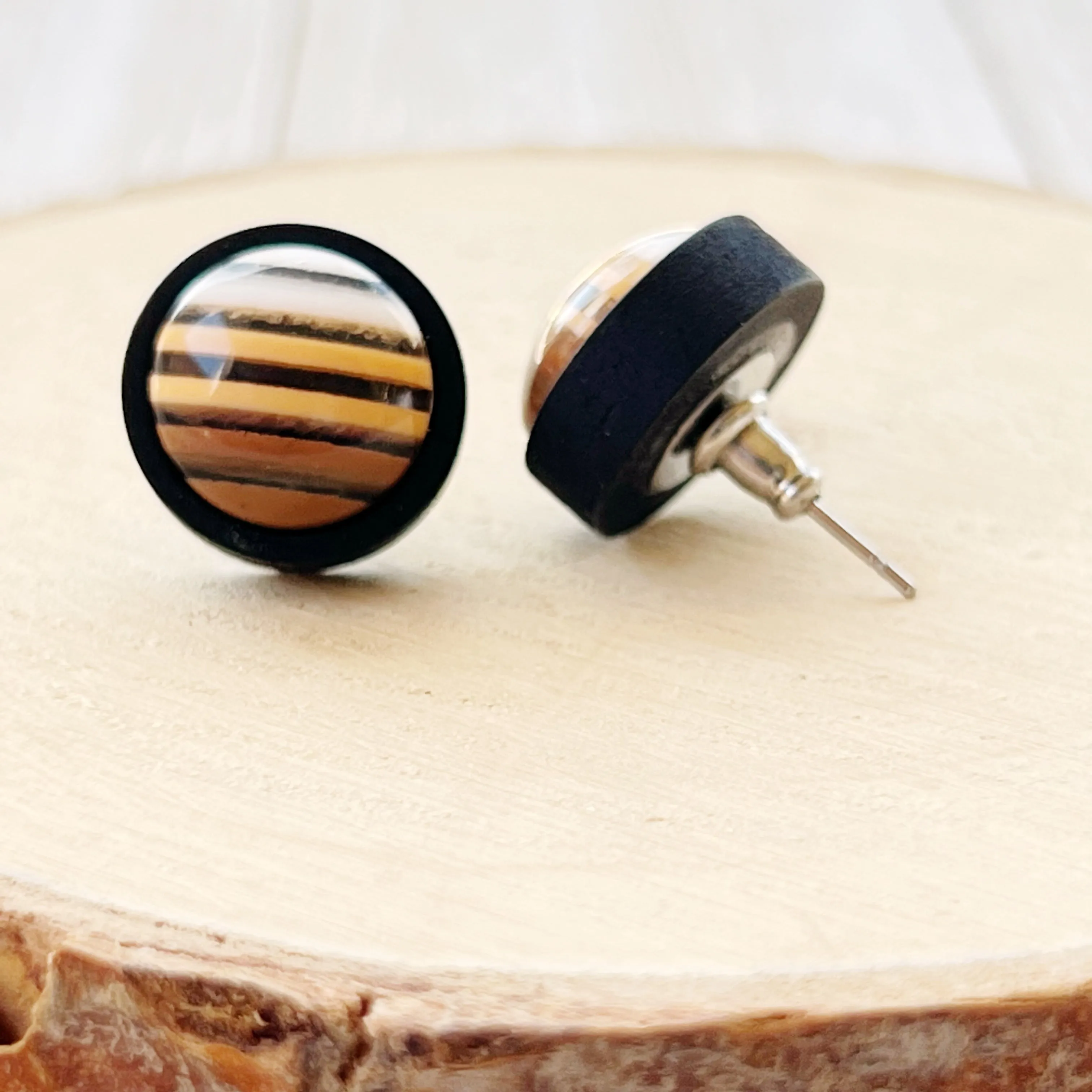 Brown & White Striped Black Wood Earrings - Chic & Contemporary Accessories