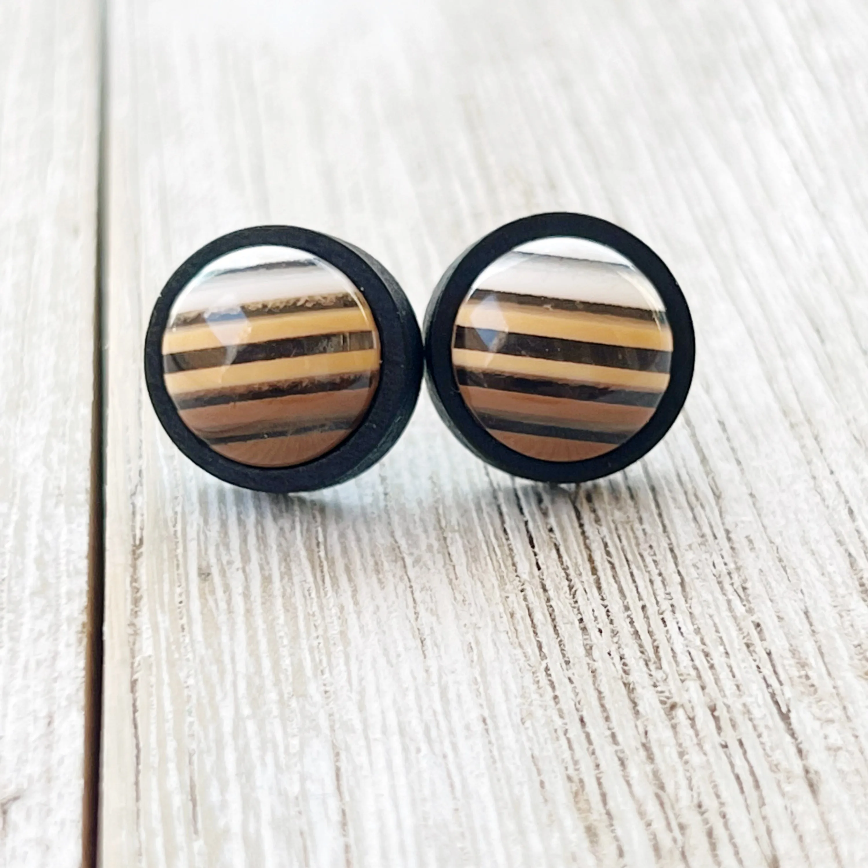 Brown & White Striped Black Wood Earrings - Chic & Contemporary Accessories