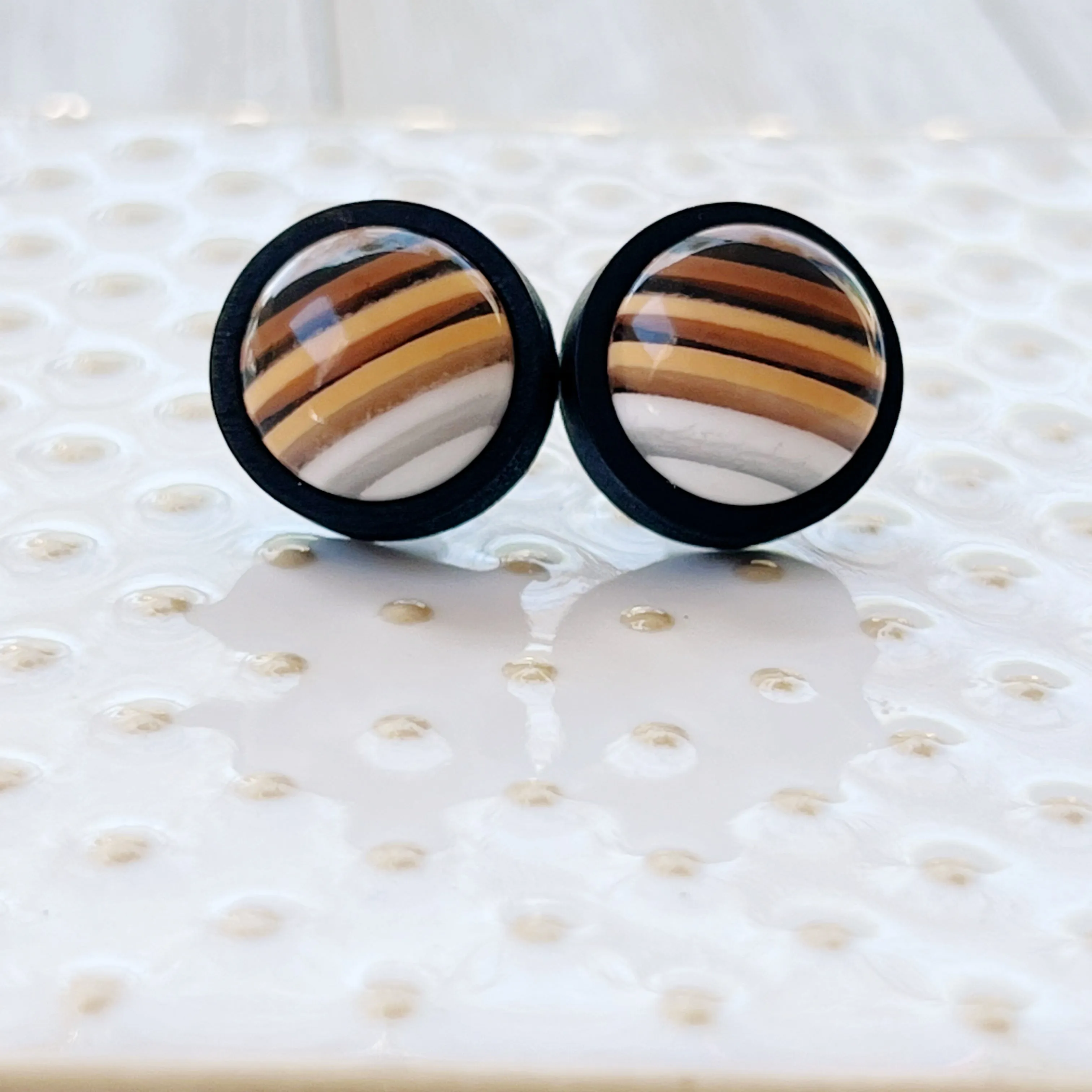 Brown & White Striped Black Wood Earrings - Chic & Contemporary Accessories