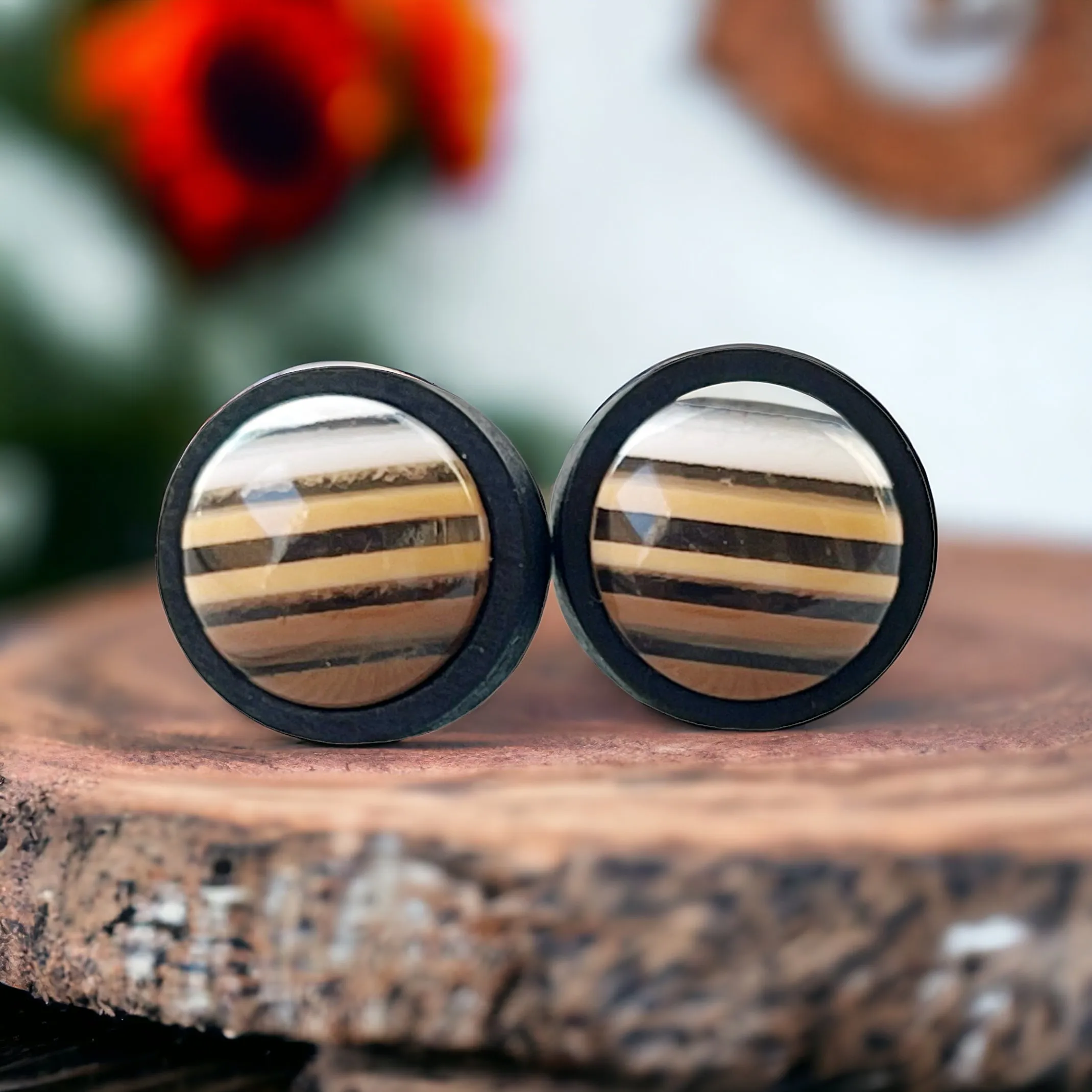 Brown & White Striped Black Wood Earrings - Chic & Contemporary Accessories