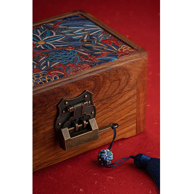 Buddha Stones Retro Handmade Floral Pattern Rosewood Jewelry Storage Box Lockable Wooden Gift Organizer Box