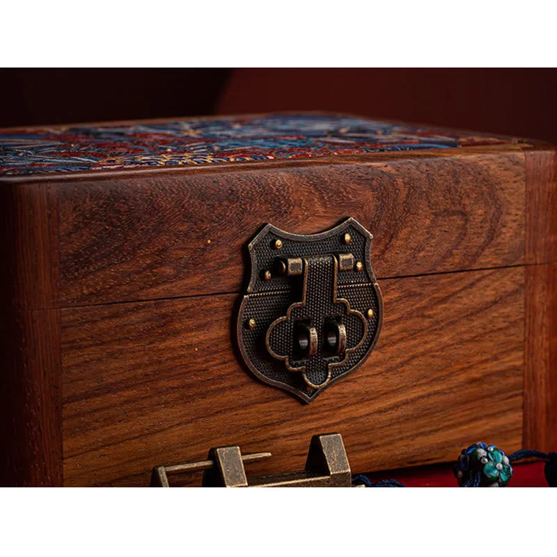 Buddha Stones Retro Handmade Floral Pattern Rosewood Jewelry Storage Box Lockable Wooden Gift Organizer Box