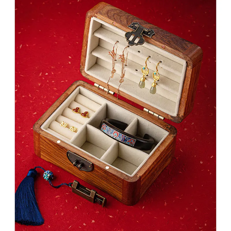Buddha Stones Retro Handmade Floral Pattern Rosewood Jewelry Storage Box Lockable Wooden Gift Organizer Box