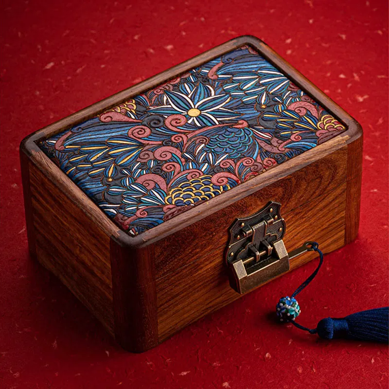 Buddha Stones Retro Handmade Floral Pattern Rosewood Jewelry Storage Box Lockable Wooden Gift Organizer Box