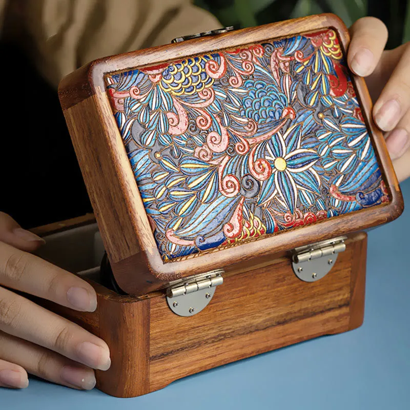 Buddha Stones Retro Handmade Floral Pattern Rosewood Jewelry Storage Box Lockable Wooden Gift Organizer Box