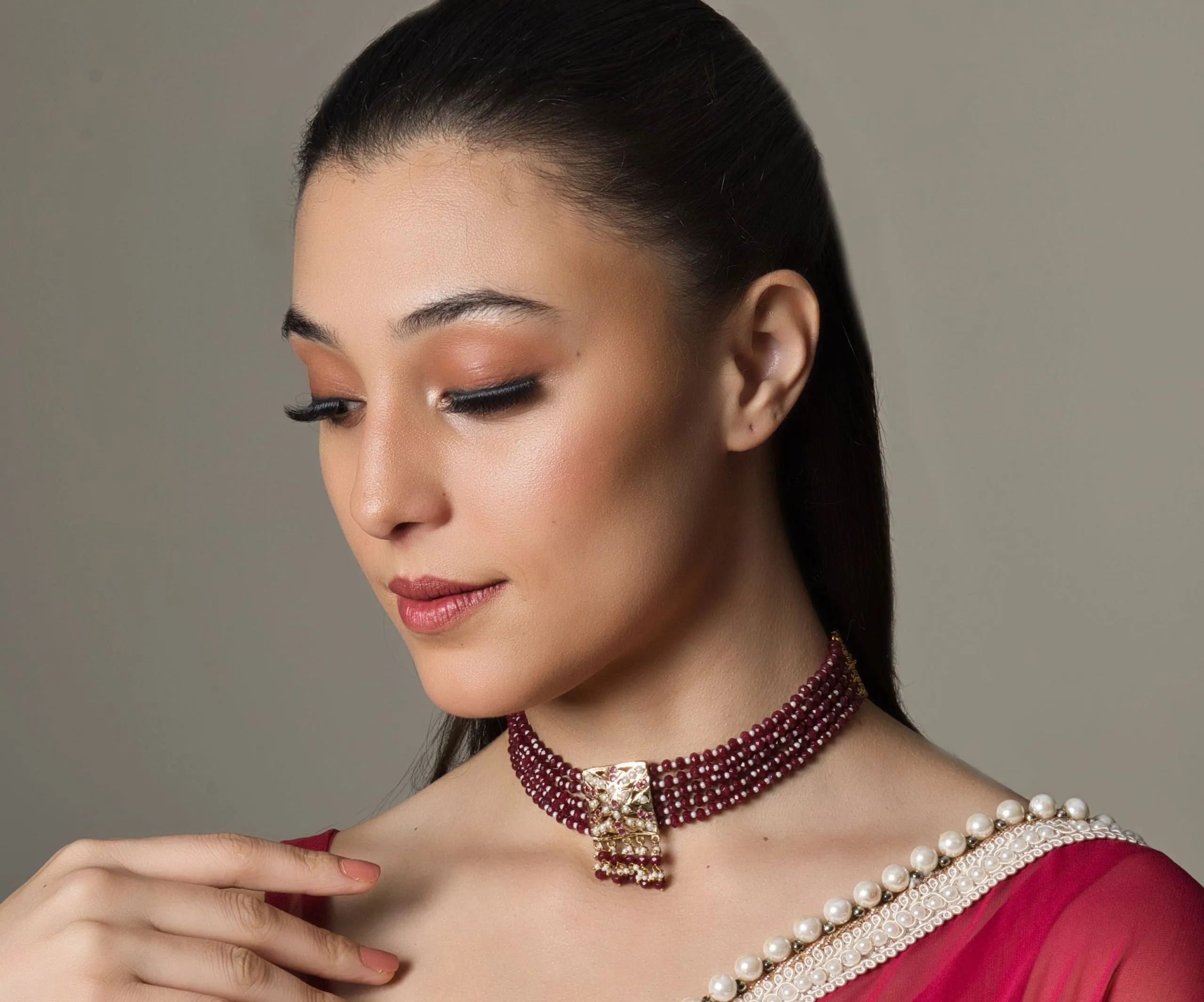 Chic Jadau Square Tukdi Red Choker