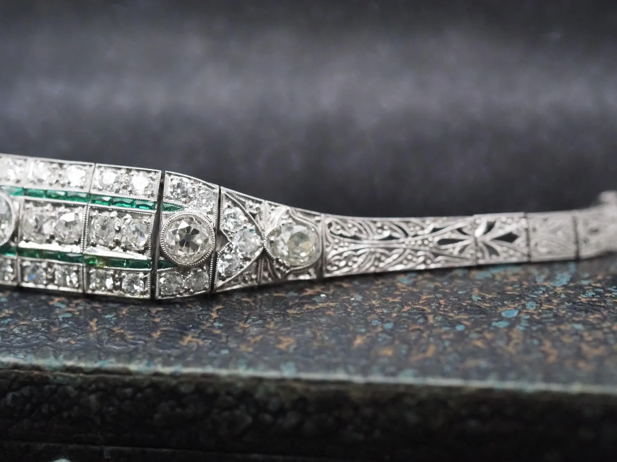Circa 1920s Platinum Art Deco Old European Diamond and Emerald Bracelet